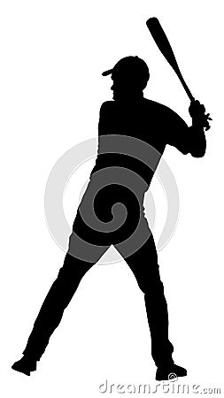 Baseball player vector silhouette. Baseball batter hitting Ball with bat for Home run. Stock Photo