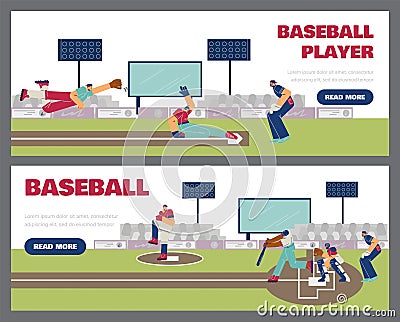 Baseball players on field catching and throwing ball, web banners set - flat vector illustration. Vector Illustration