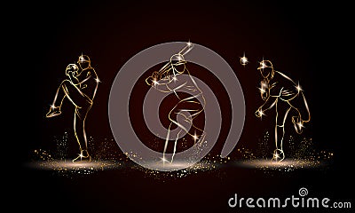 Baseball players set. Golden linear Baseball player illustration for sport banner, background Vector Illustration