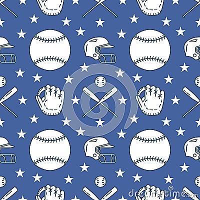 Baseball, softball sport game vector seamless pattern, background with line icons of balls, gloves, bat, helmet. Linear Vector Illustration