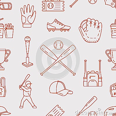 Baseball, softball sport game vector seamless pattern, background with line icons of balls, player, gloves, bat, helmet Vector Illustration