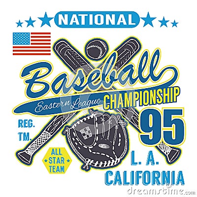 Baseball sport typography, Eastern league los angeles, sketch of crossed baseball batsand glove t-shirt Printing design graphics, Vector Illustration