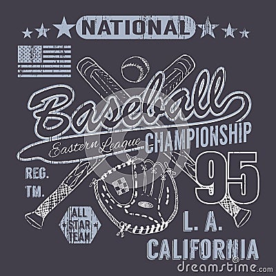 Baseball sport typography, Eastern league los angeles, sketch of crossed baseball batsand glove t-shirt Printing design graphics, Vector Illustration