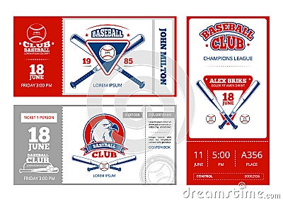 Baseball sports ticket vector design with vintage baseball team emblems Vector Illustration