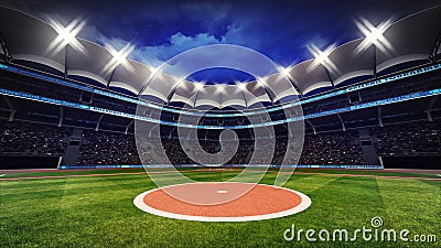 Baseball stadium with fans under roof with spotlights Cartoon Illustration