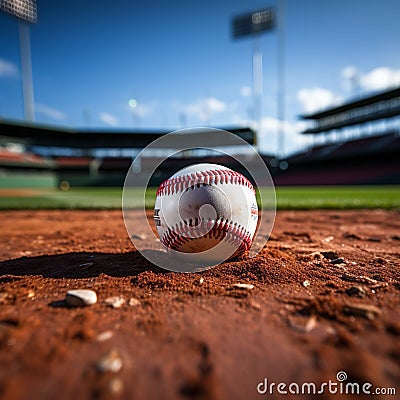 Baseball on the stadium infield, chalk line, sporting ambiance Stock Photo