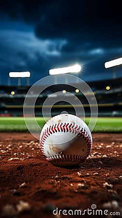 Baseball on the stadium infield, chalk line, sporting ambiance Stock Photo