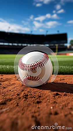 Baseball on the stadium infield, chalk line, sporting ambiance Stock Photo