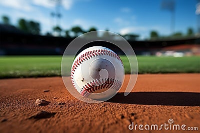 Baseball on the stadium infield, chalk line, sporting ambiance Stock Photo