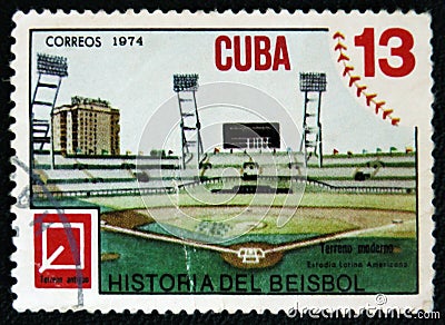 Baseball stadium, one stamp from series History ob Baseball, circa 1974 Editorial Stock Photo