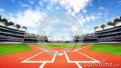 Baseball stadium playground with blue cloudy sky Cartoon Illustration