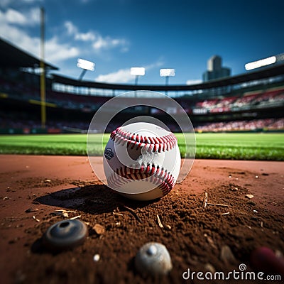 Baseball in the stadium, softball on the field, chalk line Stock Photo