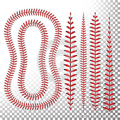 Baseball Stitches Vector. Lace From A Baseball Isolated On Transparent. Sports Ball Red Laces Set. Vector Illustration