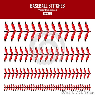 Baseball Stitches Vector. Lace From A Baseball Isolated On White. Sports Ball Red Laces Set. Vector Illustration