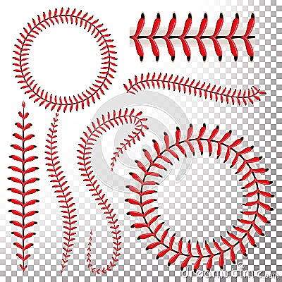 Baseball Stitches Vector Set. Baseball Red Lace Isolated On Transparent Background. Seam Baseball Ball, Seam Of Red Thread Illustr Vector Illustration