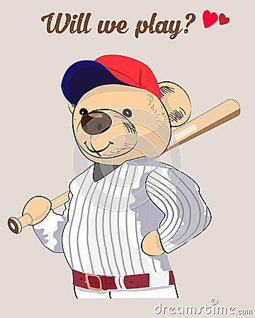 Baseball teddy bear. For design posters and cards Vector Illustration