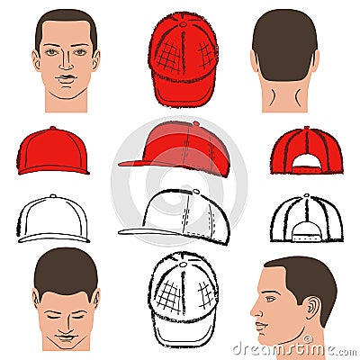 Baseball, tennis, rap cap and man head Vector Illustration