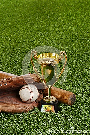 Baseball trophy with bat ball and glove Stock Photo