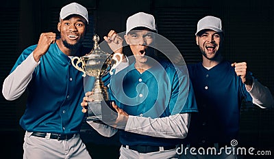 Baseball trophy, team portrait and winner celebration of a sports group with a smile and motivation. Celebrating Stock Photo