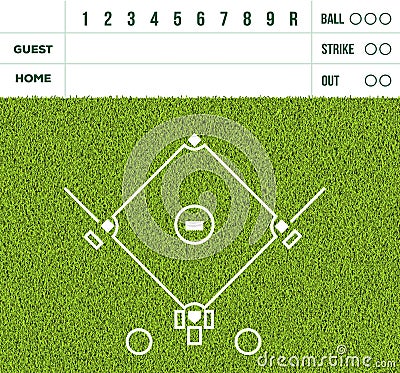 Baseball white line, game score display and green grass field ba Vector Illustration