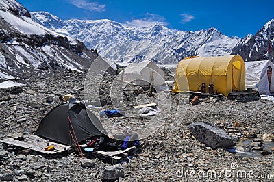 Basecamp on glacier in Kyrgyzstan Stock Photo