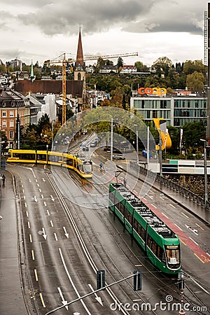 Basel, Switzerland - November 03, 2019: Perspective view of downtown traffic Editorial Stock Photo