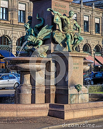 Basement of the monument to Alfred Escher on Bahhofplatz square Editorial Stock Photo