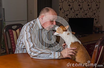 Basenji dog having hard conversation with master Stock Photo