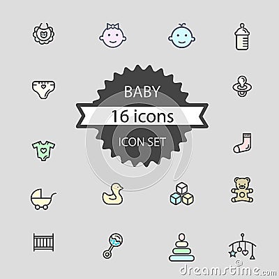 Basic - Baby icon set 16 icons Vector Illustration