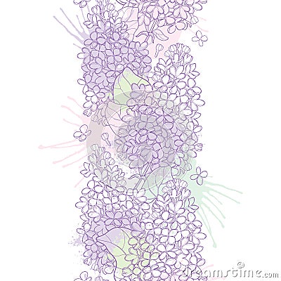 Vector vertical seamless pattern with outline Lilac or Syringa flower, bud and ornate leaf in pastel purple and pink on the white. Vector Illustration