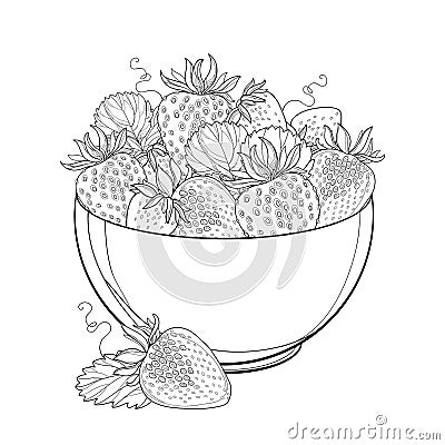 Vector bowl with outline Strawberry, berry and ornate leaf in black isolated on white background. Fruit design with strawberry. Vector Illustration