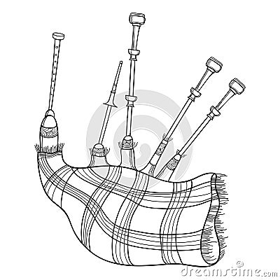 Vector outline Scottish folk musical instrument bagpipe or set of pipes in black isolated on white background. Vector Illustration