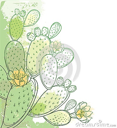 Vector corner bunch of outline Indian fig Opuntia or prickly pear cactus, flower, fruit and spiny stem in pastel green. Vector Illustration