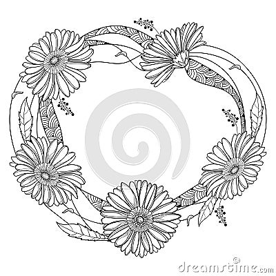 Vector round wreath with outline Gerbera or Gerber flower and leaf in black isolated on white background. Bunch of Gerbera. Vector Illustration