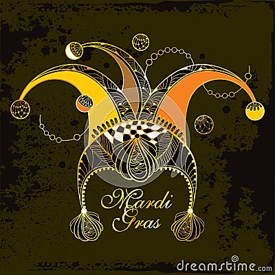 Vector outline clown or harlequin cap with Mardi Gras beads and golden peacock feather on the black background. Vector Illustration