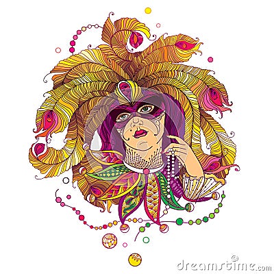 Vector woman face in mask, golden peacock feathers, ornate collar and Mardi Gras beads in violet, green and orange isolated. Vector Illustration