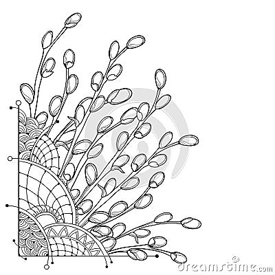 Vector corner bouquet with outline Willow twigs in black isolated on white background. Ornate branch with blooming pussy Willow. Vector Illustration