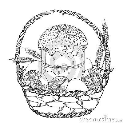 Vector outline basket with Easter cake or Paska, Ukrainian Easter egg Pysanka and wheat plant in black isolated on white. Vector Illustration