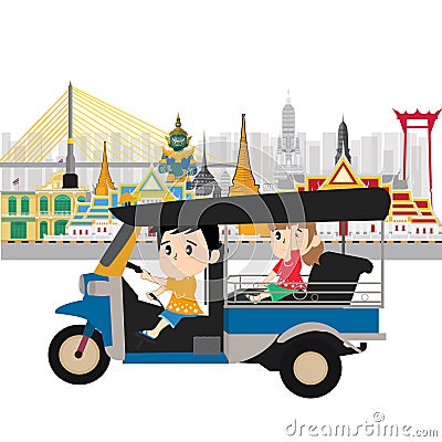 Taxi Thailand Tuk Tuk and Landmarks and travel place Vector Illustration