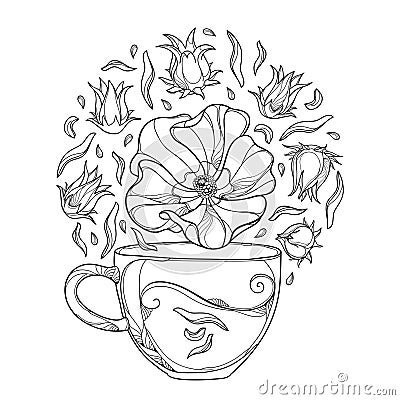 Vector round bunch of outline Roselle or Hibiscus sabdariffa or carcade herbal tea with fruits and flower in black isolated. Vector Illustration