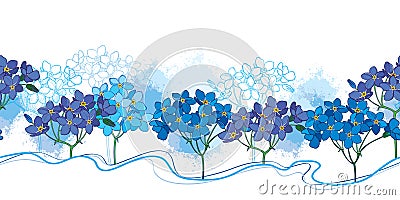 Vector horizontal seamless pattern with outline Forget me not or Myosotis bunch in blue on the white background. Vector Illustration