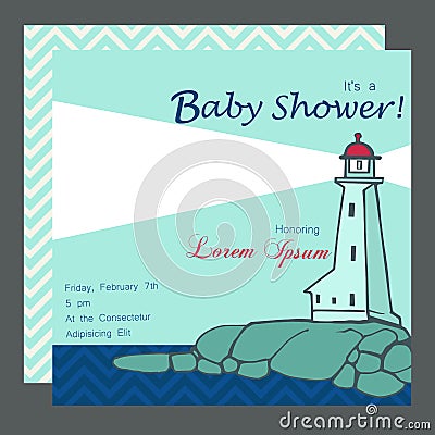 Postcard Baby shower card with marine motive lighthouse over the seaÐ± Basic CMYK Vector Illustration