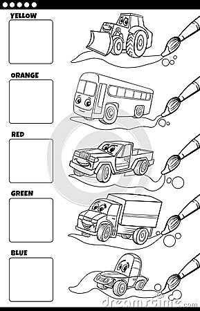 Basic colors with cartoon vehicles coloring book page Vector Illustration