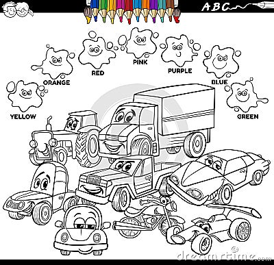 Basic colors color book with cars characters Vector Illustration