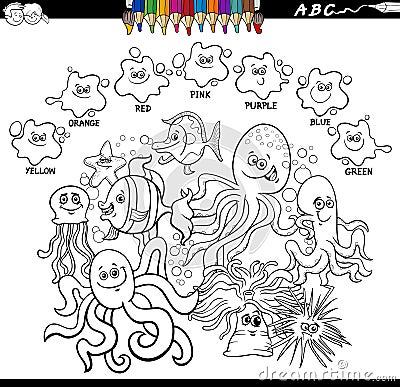 Basic colors color book with sea animal characters Vector Illustration