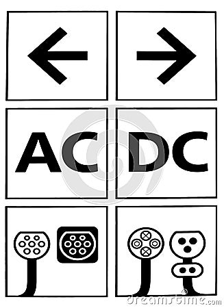 Basic connectors for charging electric vehicles. Ac Dc plugs and sockets. Stock Photo