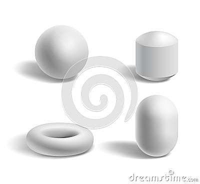 Basic 3d geometric shapes: sphere, torus, capsule white isolated templates Vector Illustration