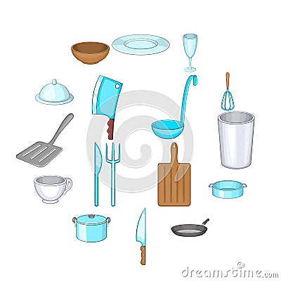 Basic dishes icons set, cartoon style Vector Illustration