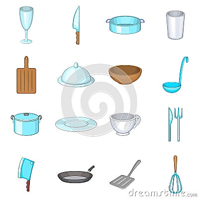 Basic dishes icons set, cartoon style Vector Illustration