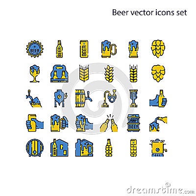 Basic element of Beer vector icons set.Contains a bottle, can, hop sign, barley and wheat, fermentation tank, boiler, draft beer Vector Illustration